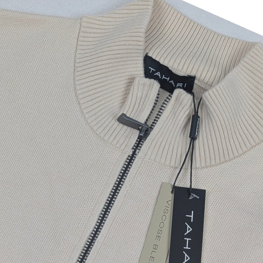 Tahari Mens Quarter Zip Sweater Cream Beige Blend Mock Neck Size Large NWT